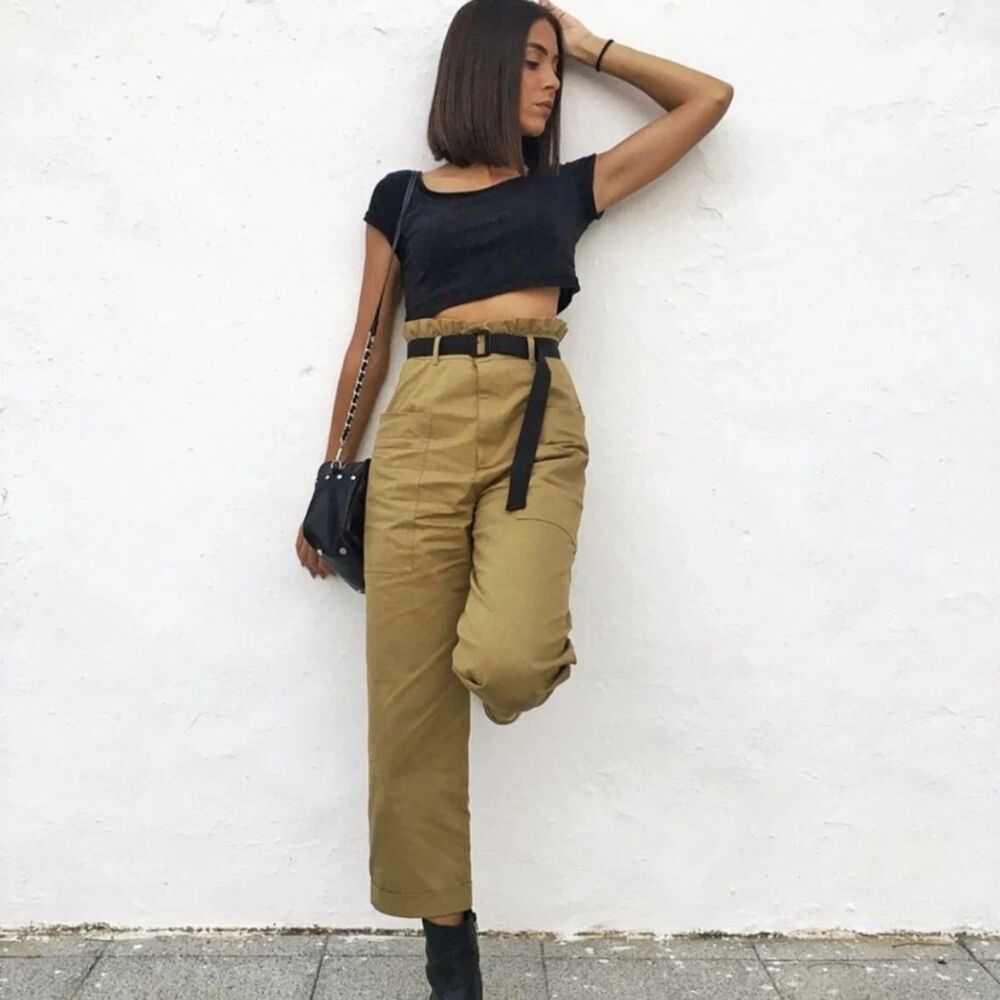 ZARA Paperbag Waist Pants Women's M Pistachio Green Wide Leg Cargo High Rise